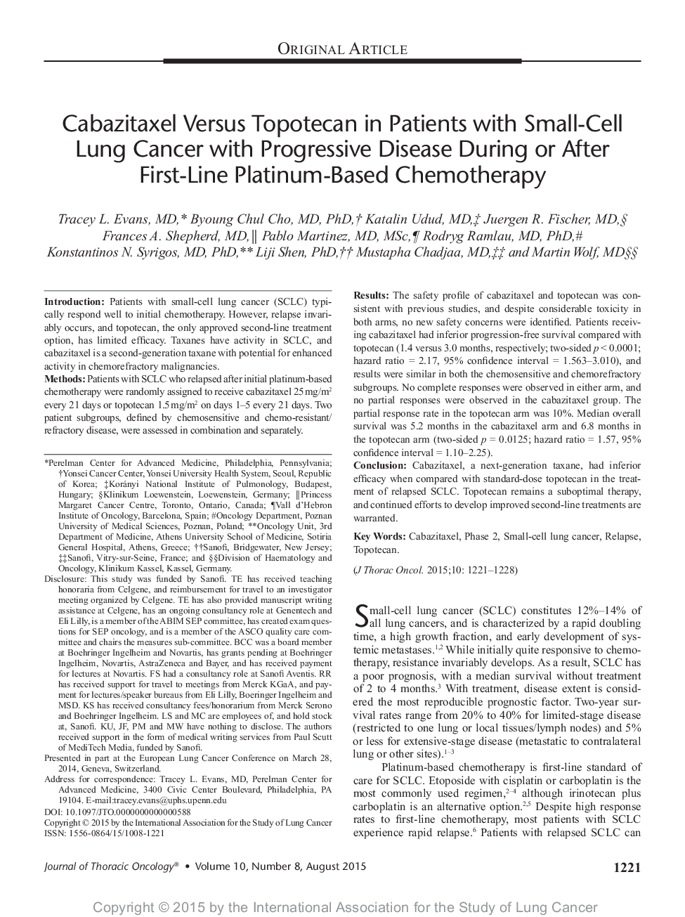 عکس صفحه اول مقاله: Cabazitaxel Versus Topotecan in Patients with Small-Cell Lung Cancer with Progressive Disease During or After First-Line Platinum-Based Chemotherapy Cabazitaxel Versus Topotecan in Patients with Small-Cell Lung Cancer with Progressive Disease During or After First-Line Platinum-Based Chemotherapy