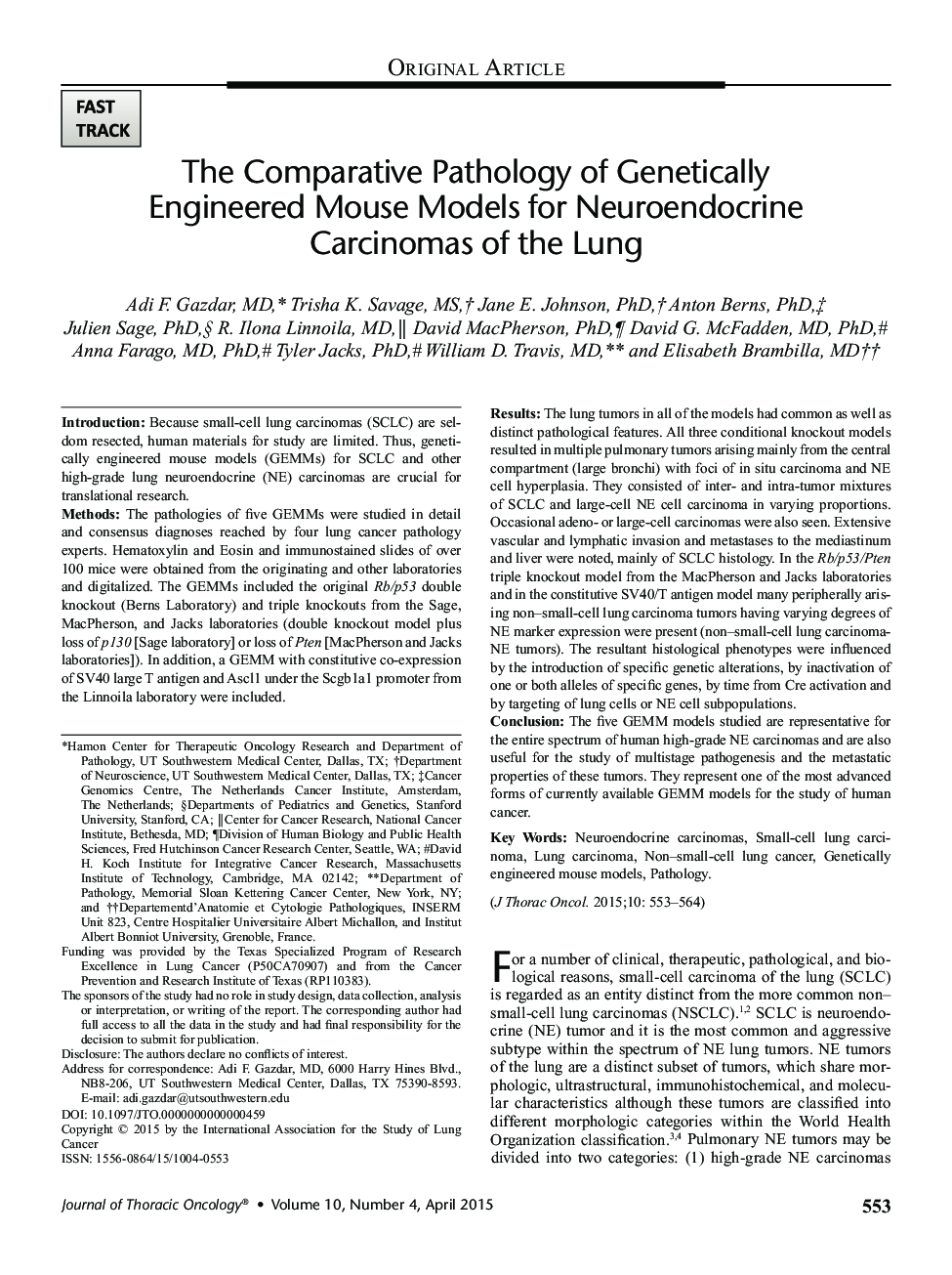 آسیب شناسی مقایسه ای از مدل های موس مدل سازی شده ژنتیکی برای کارسینوم های نوروندیکریک ریه 