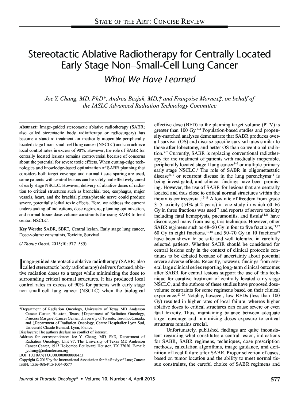 Stereotactic Ablative Radiotherapy for Centrally Located Early Stage Non-Small-Cell Lung Cancer: What We Have Learned