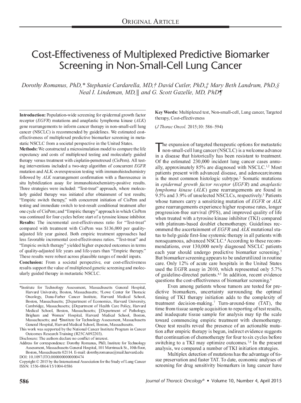 Cost-Effectiveness of Multiplexed Predictive Biomarker Screening in Non-Small-Cell Lung Cancer