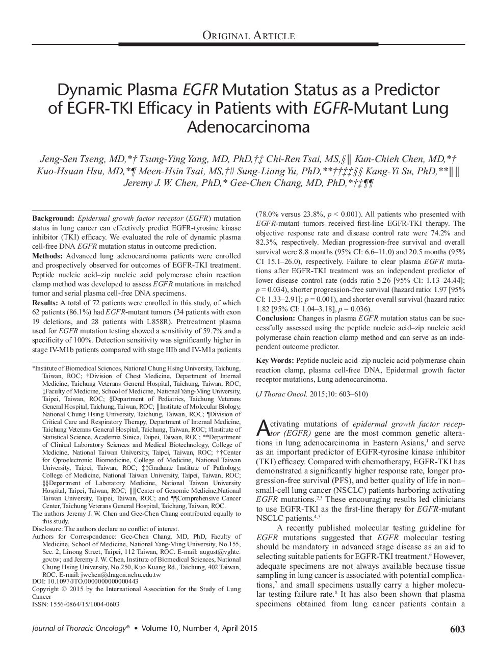 Dynamic Plasma EGFR Mutation Status as a Predictor of EGFR-TKI Efficacy in Patients with EGFR-Mutant Lung Adenocarcinoma