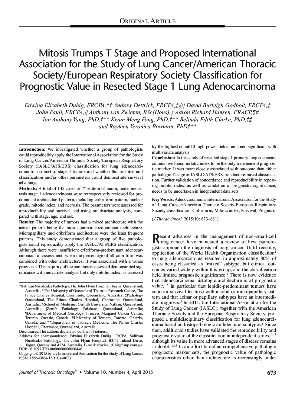 Mitosis Trumps T Stage and Proposed International Association for the Study of Lung Cancer/American Thoracic Society/European Respiratory Society Classification for Prognostic Value in Resected Stage 1 Lung Adenocarcinoma