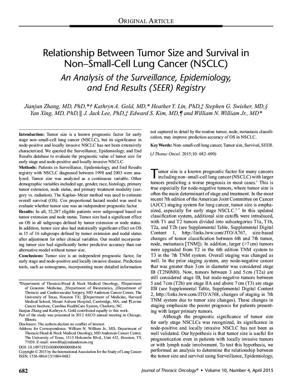 Relationship Between Tumor Size and Survival in Non-Small-Cell Lung Cancer (NSCLC): An Analysis of the Surveillance, Epidemiology, and End Results (SEER) Registry