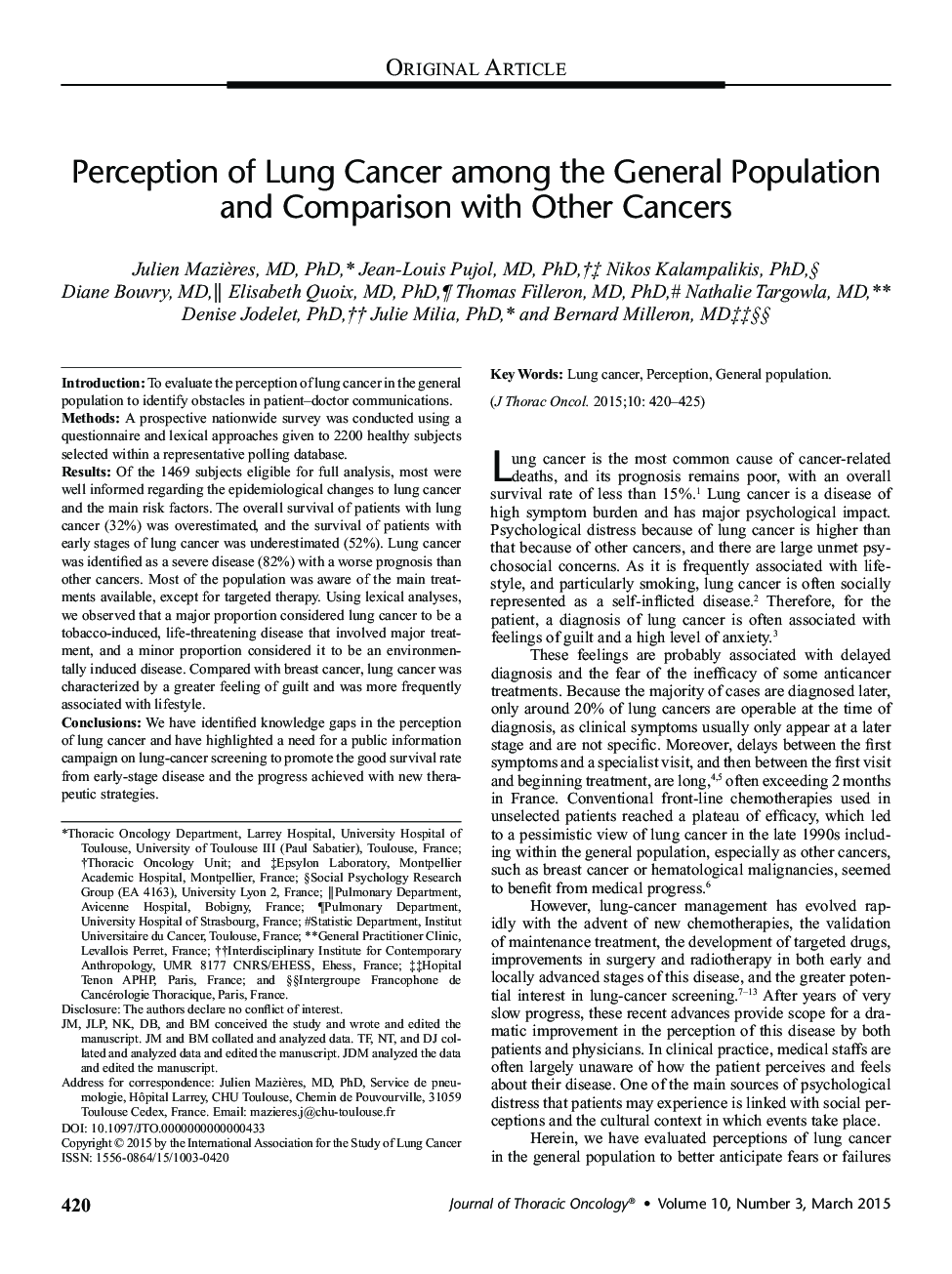 Perception of Lung Cancer among the General Population and Comparison with Other Cancers
