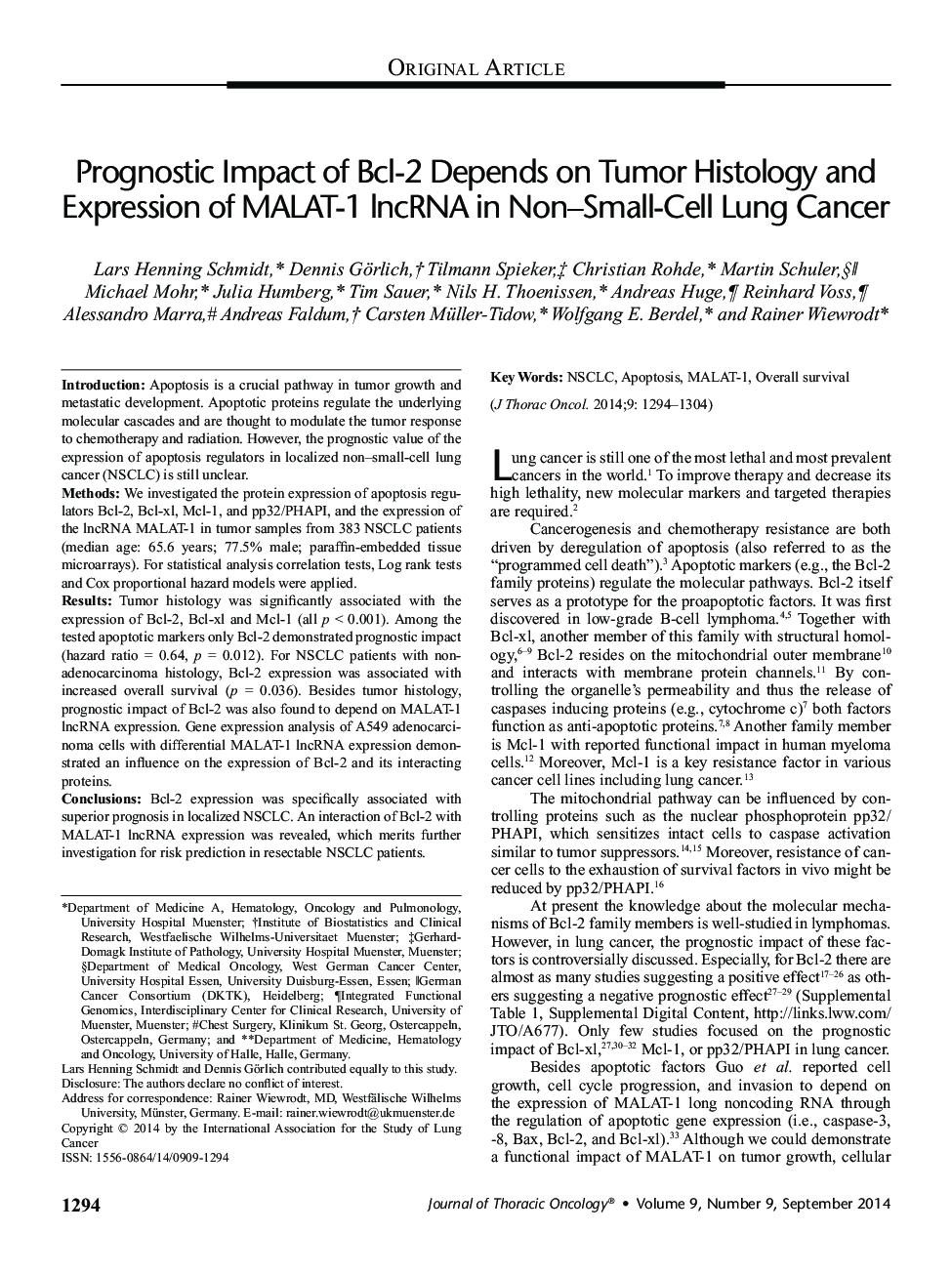 Prognostic Impact of Bcl-2 Depends on Tumor Histology and Expression of MALAT-1 lncRNA in Non-Small-Cell Lung Cancer