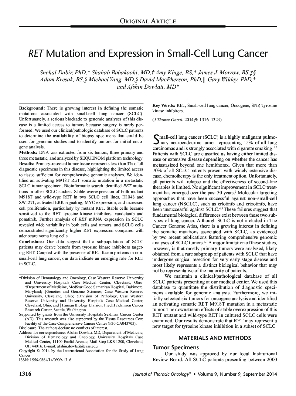 RET Mutation and Expression in Small-Cell Lung Cancer