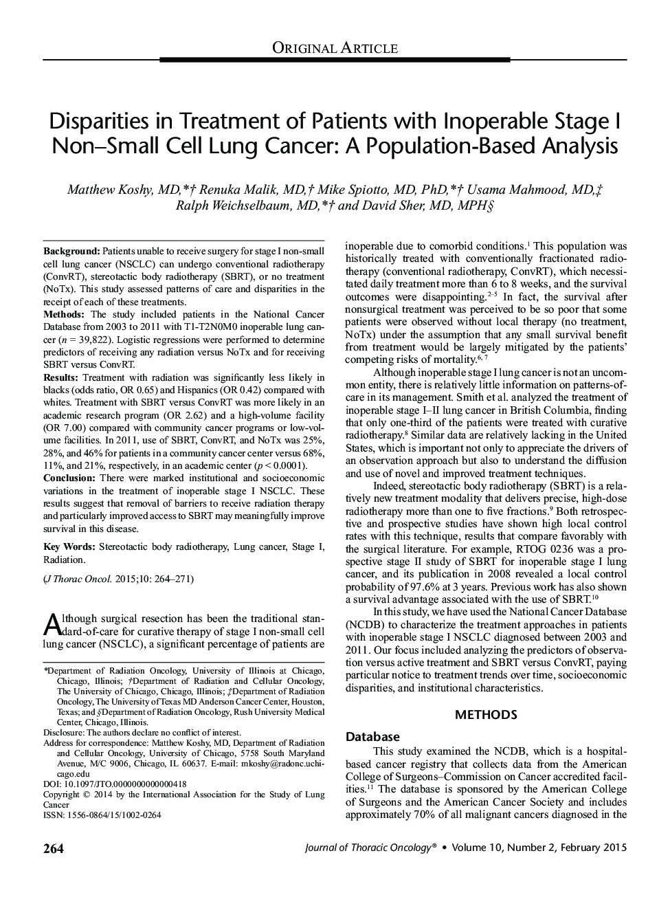 Disparities in Treatment of Patients with Inoperable Stage I Non-Small Cell Lung Cancer: A Population-Based Analysis