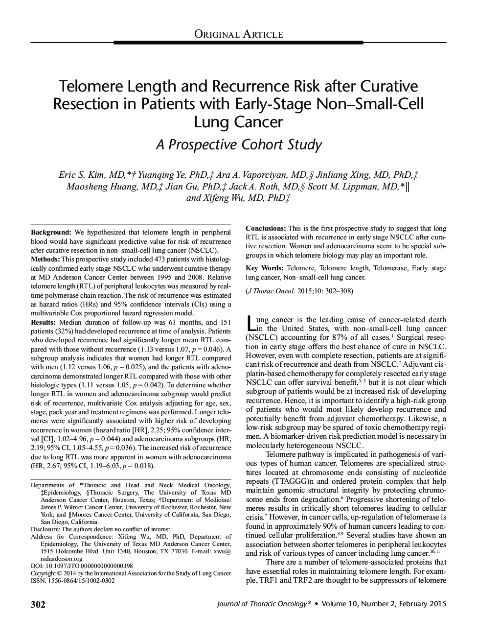 Telomere Length and Recurrence Risk after Curative Resection in Patients with Early-Stage Non-Small-Cell Lung Cancer: A Prospective Cohort Study