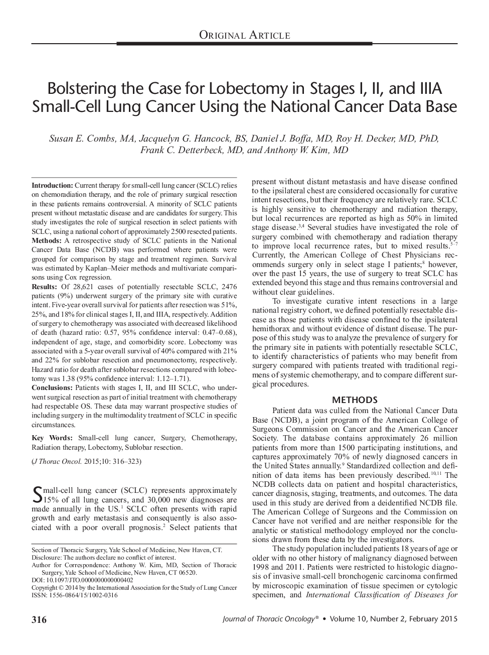 Bolstering the Case for Lobectomy in Stages I, II, and IIIA Small-Cell Lung Cancer Using the National Cancer Data Base
