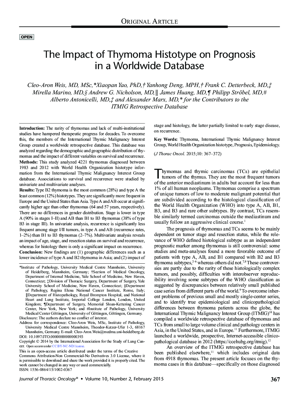 The Impact of Thymoma Histotype on Prognosis in a Worldwide Database