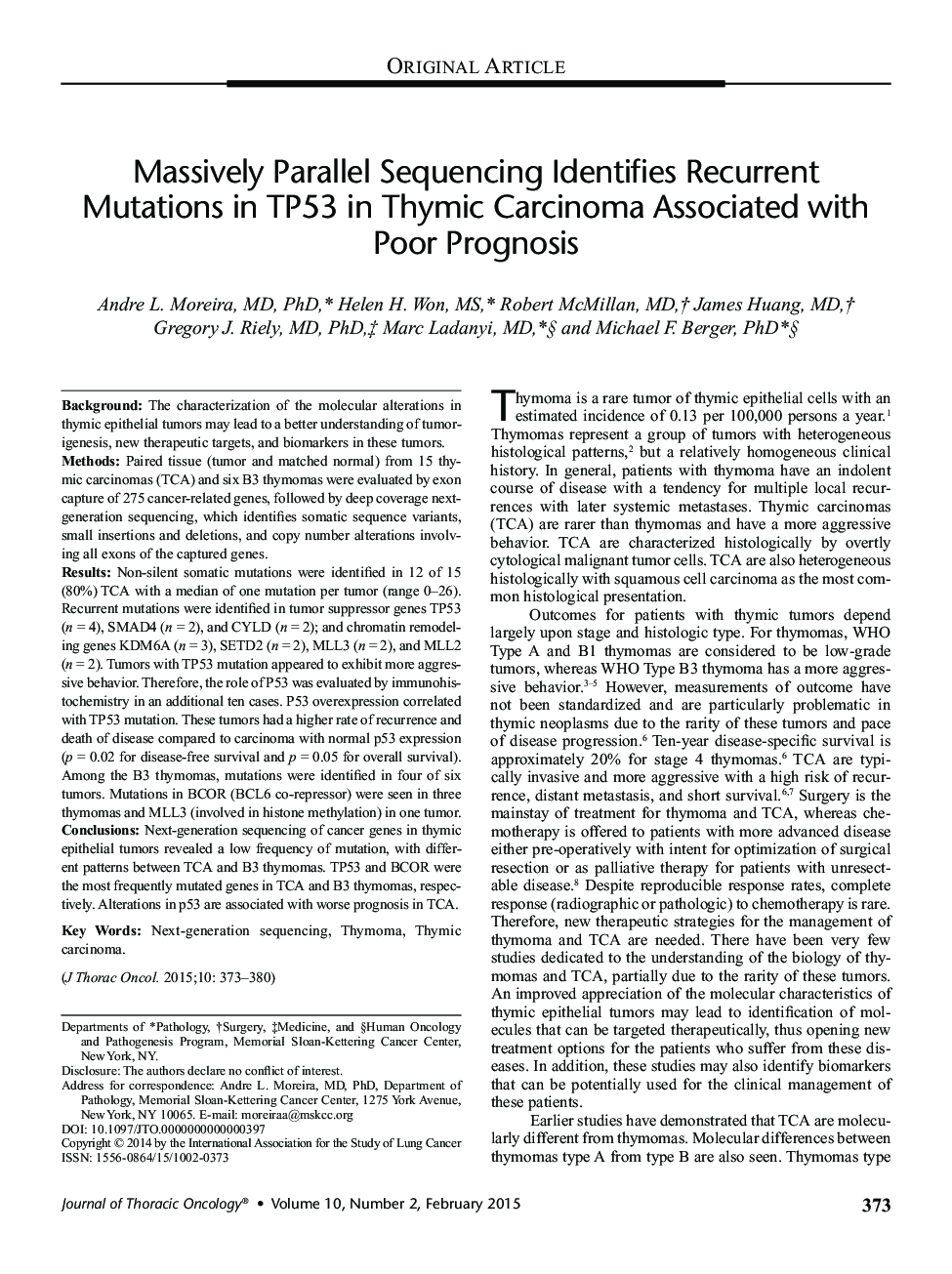 Massively Parallel Sequencing Identifies Recurrent Mutations in TP53 in Thymic Carcinoma Associated with Poor Prognosis