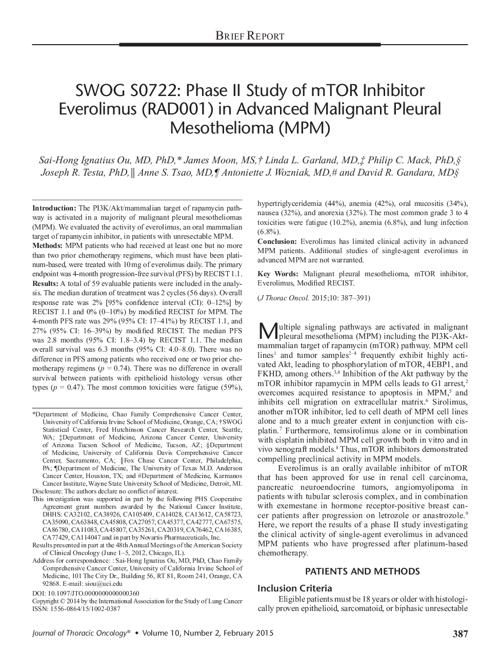 SWOG S0722: Phase II Study of mTOR Inhibitor Everolimus (RAD001) in Advanced Malignant Pleural Mesothelioma (MPM)