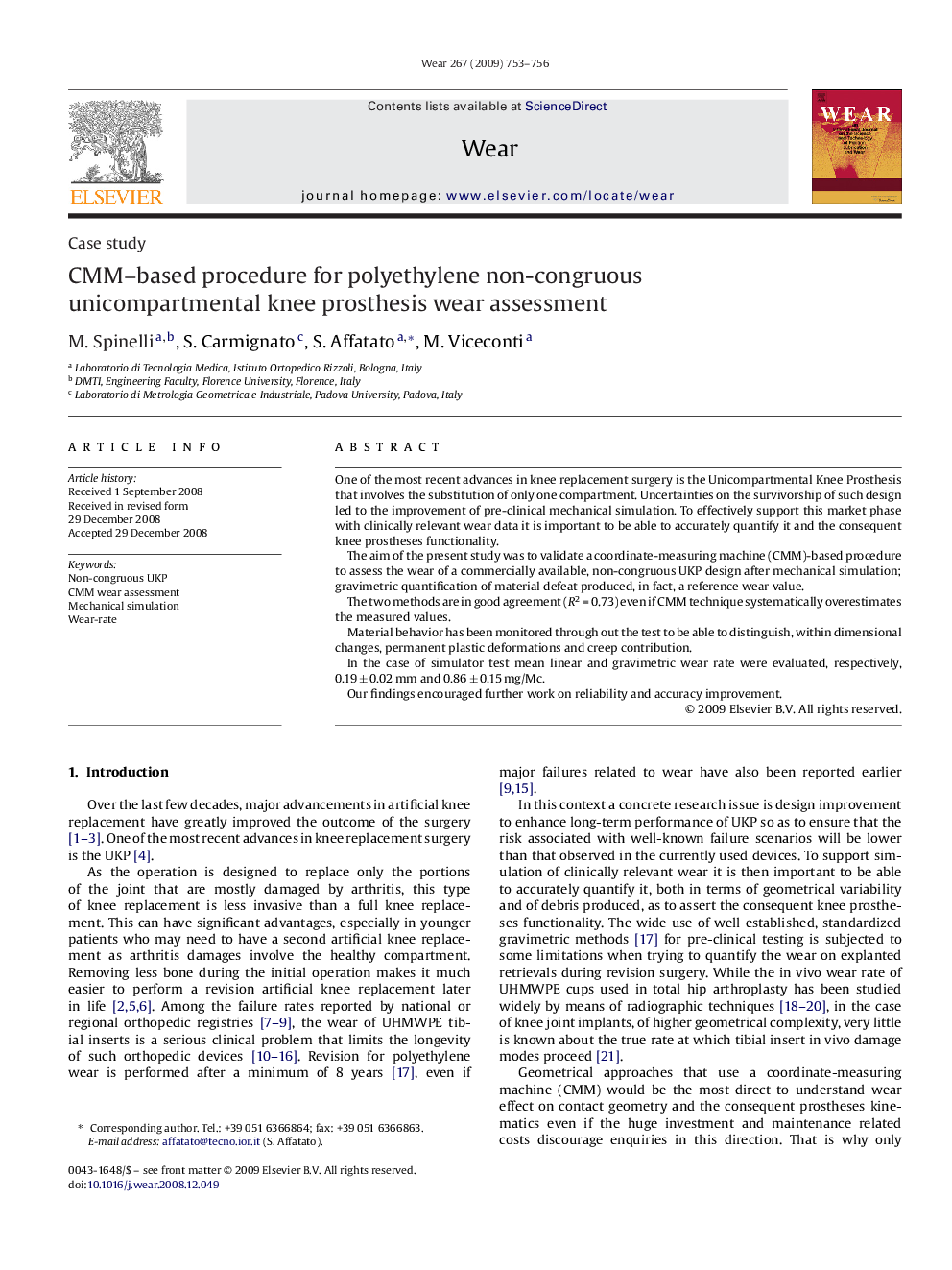 CMM–based procedure for polyethylene non-congruous unicompartmental knee prosthesis wear assessment
