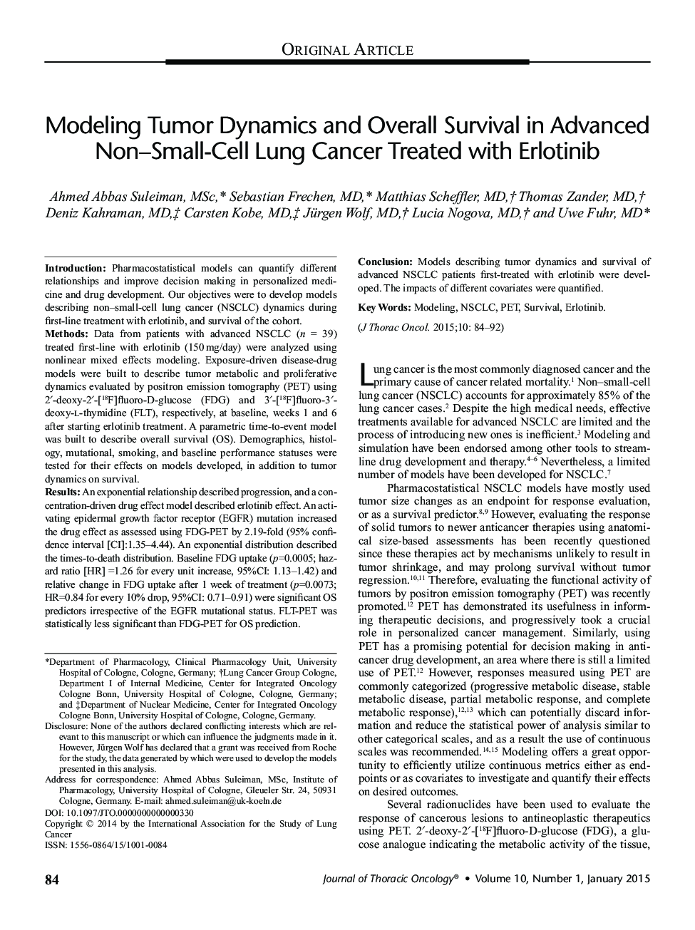 مدل سازی دینامیک تومور و بقاء کلی در سرطان های پیشرفته غیر سلولی کوچک ریه درمان شده با ارلوتینیب 