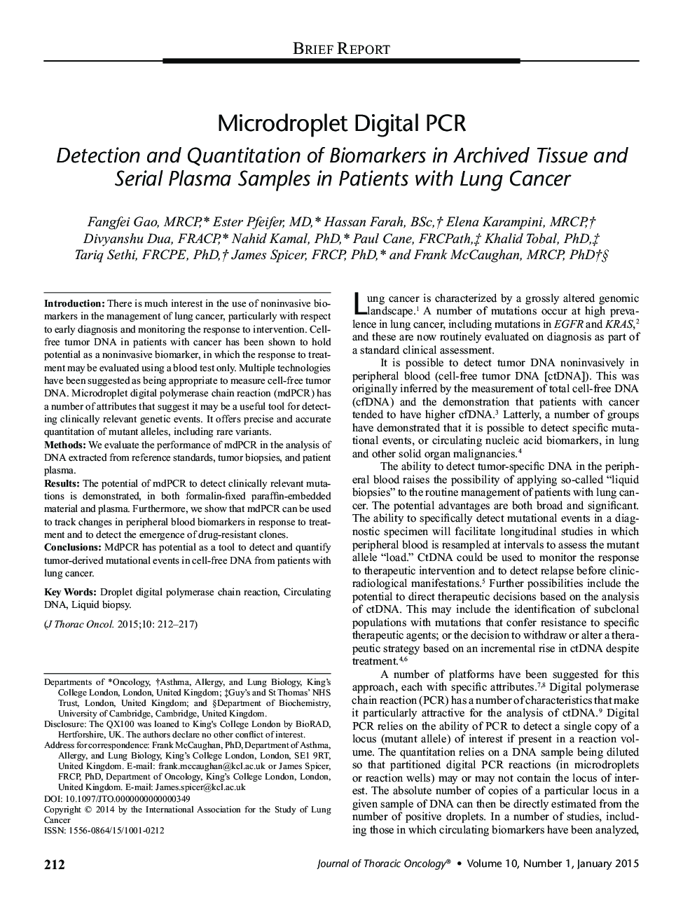 Microdroplet Digital PCR: Detection and Quantitation of Biomarkers in Archived Tissue and Serial Plasma Samples in Patients with Lung Cancer