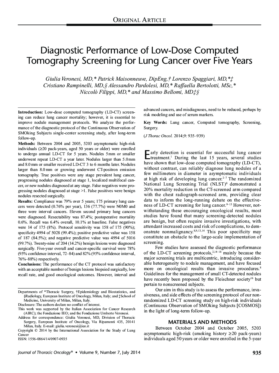 Diagnostic Performance of Low-Dose Computed Tomography Screening for Lung Cancer over Five Years