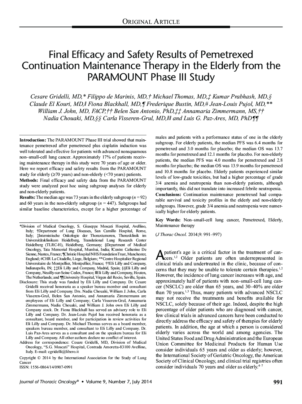 Final Efficacy and Safety Results of Pemetrexed Continuation Maintenance Therapy in the Elderly from the PARAMOUNT Phase III Study