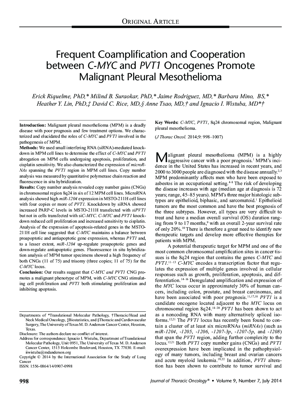 Frequent Coamplification and Cooperation between C-MYC and PVT1 Oncogenes Promote Malignant Pleural Mesothelioma