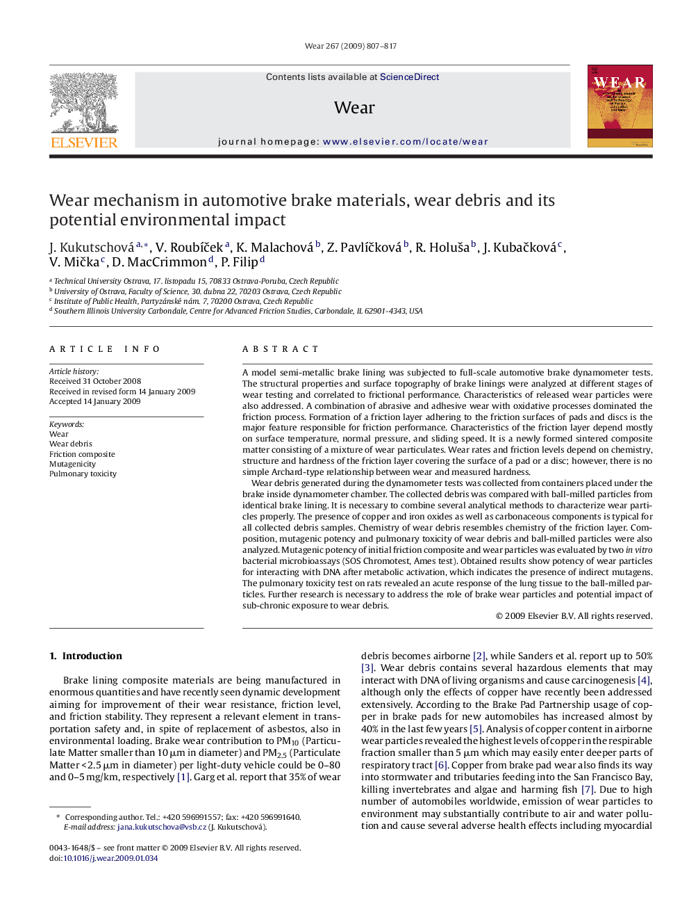 Wear mechanism in automotive brake materials, wear debris and its potential environmental impact