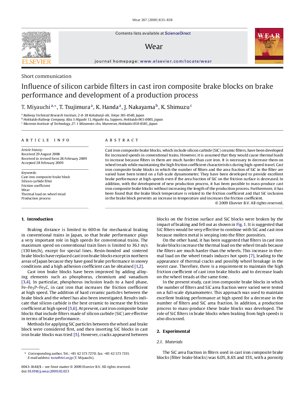 Influence of silicon carbide filters in cast iron composite brake blocks on brake performance and development of a production process