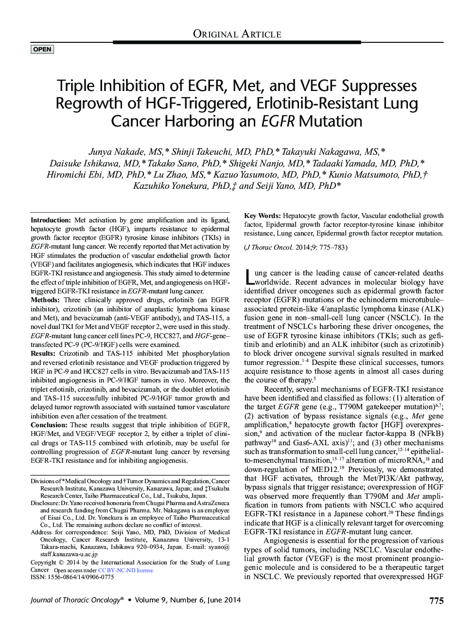 Triple Inhibition of EGFR, Met, and VEGF Suppresses Regrowth of HGF-Triggered, Erlotinib-Resistant Lung Cancer Harboring an EGFR Mutation