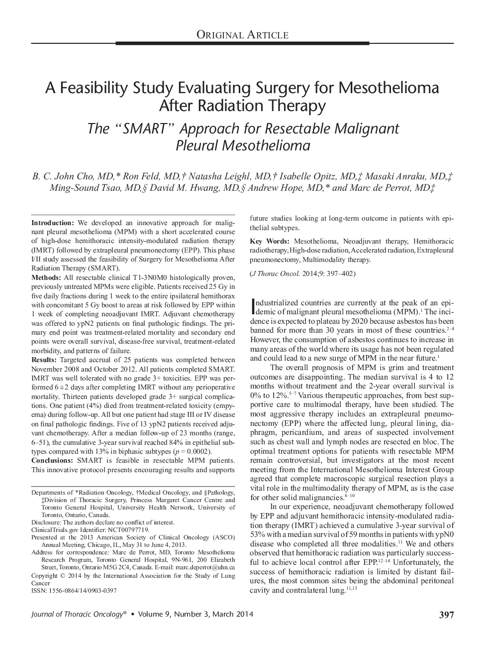 A Feasibility Study Evaluating Surgery for Mesothelioma After Radiation Therapy: The “SMART” Approach for Resectable Malignant Pleural Mesothelioma