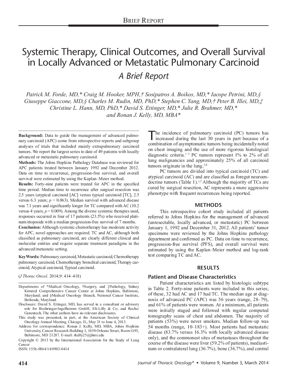 Systemic Therapy, Clinical Outcomes, and Overall Survival in Locally Advanced or Metastatic Pulmonary Carcinoid: A Brief Report