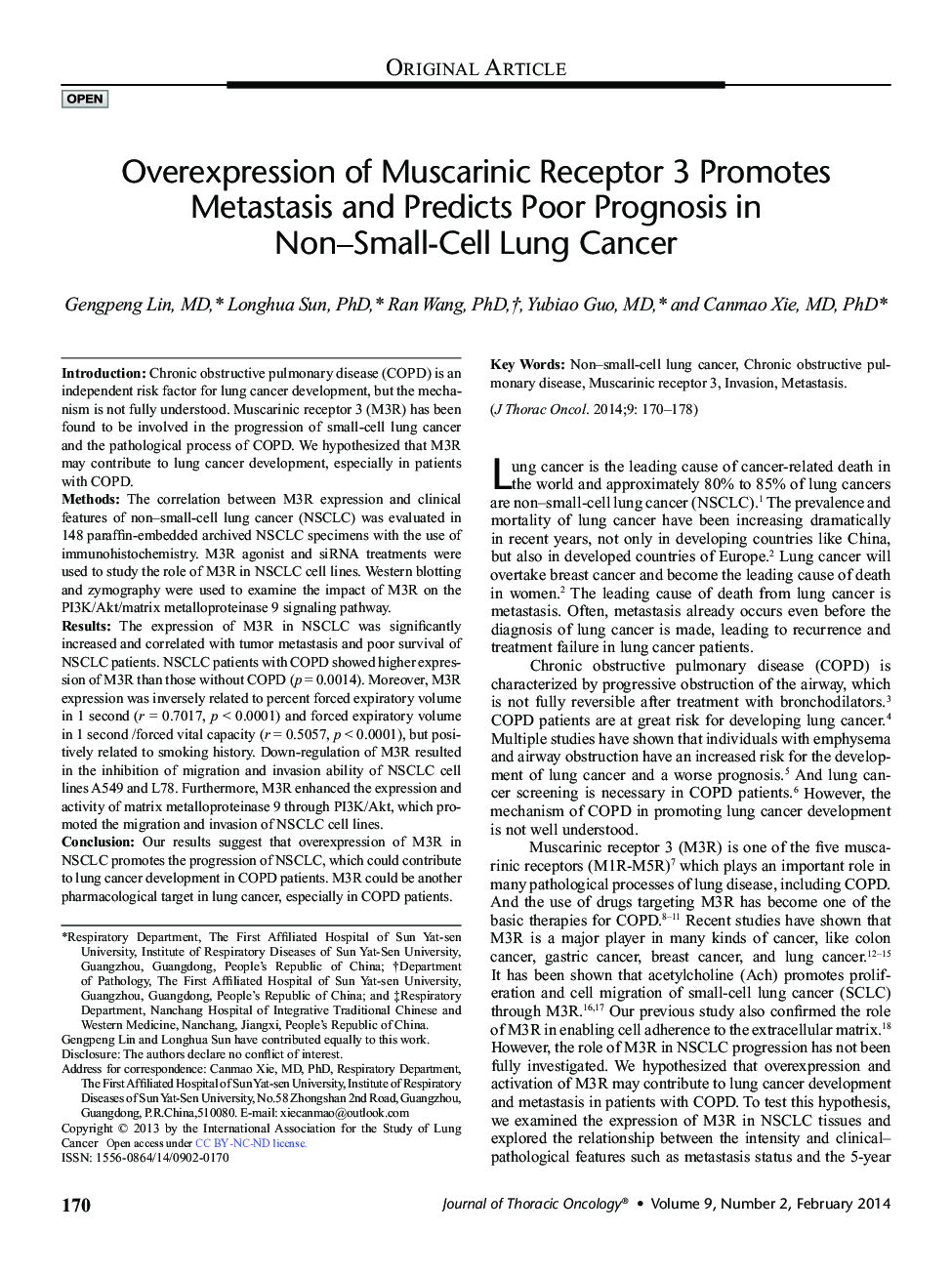 Overexpression of Muscarinic Receptor 3 Promotes Metastasis and Predicts Poor Prognosis in Non-Small-Cell Lung Cancer