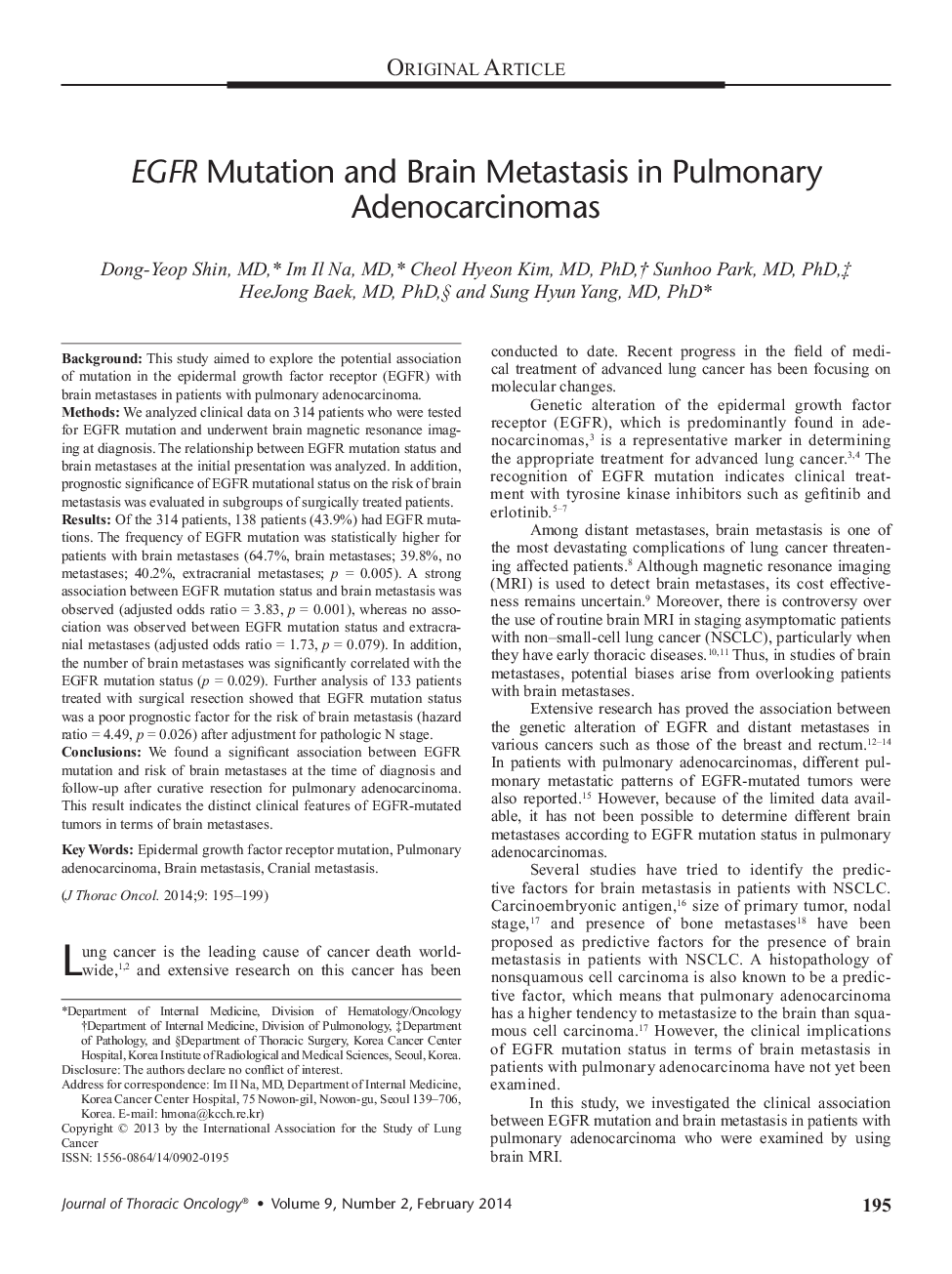 EGFR Mutation and Brain Metastasis in Pulmonary Adenocarcinomas