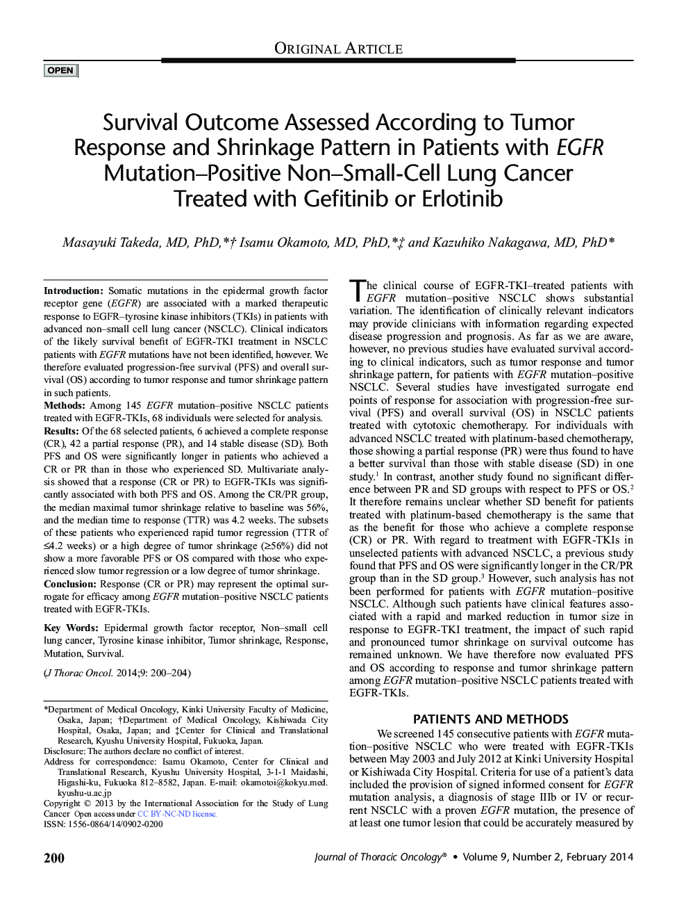 Survival Outcome Assessed According to Tumor Response and Shrinkage Pattern in Patients with EGFR Mutation-Positive Non-Small-Cell Lung Cancer Treated with Gefitinib or Erlotinib