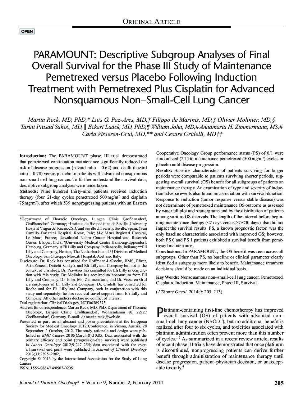 PARAMOUNT: Descriptive Subgroup Analyses of Final Overall Survival for the Phase III Study of Maintenance Pemetrexed versus Placebo Following Induction Treatment with Pemetrexed Plus Cisplatin for Advanced Nonsquamous Non-Small-Cell Lung Cancer