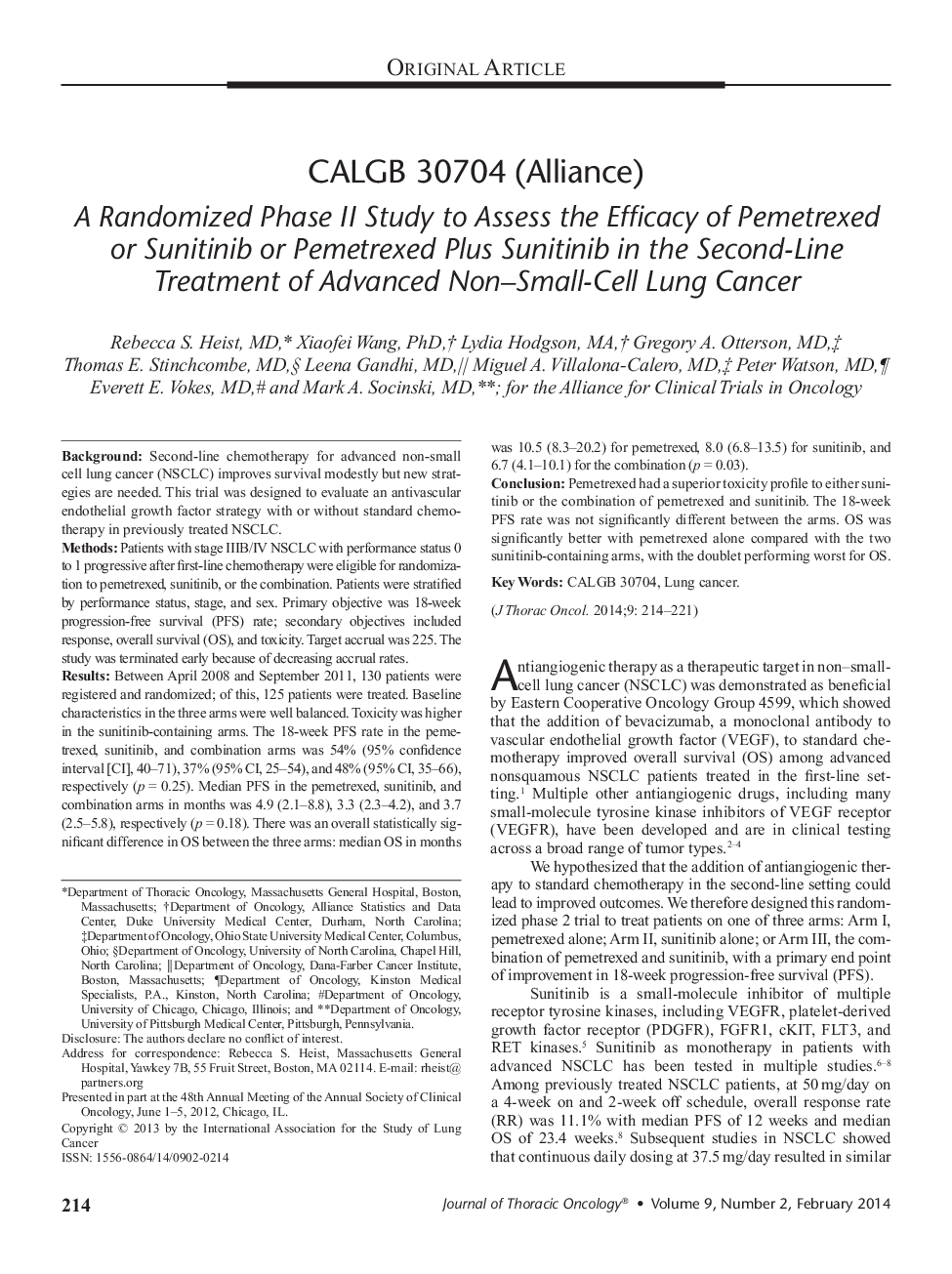 CALGB 30704 (Alliance): A Randomized Phase II Study to Assess the Efficacy of Pemetrexed or Sunitinib or Pemetrexed Plus Sunitinib in the Second-Line Treatment of Advanced Non-Small-Cell Lung Cancer