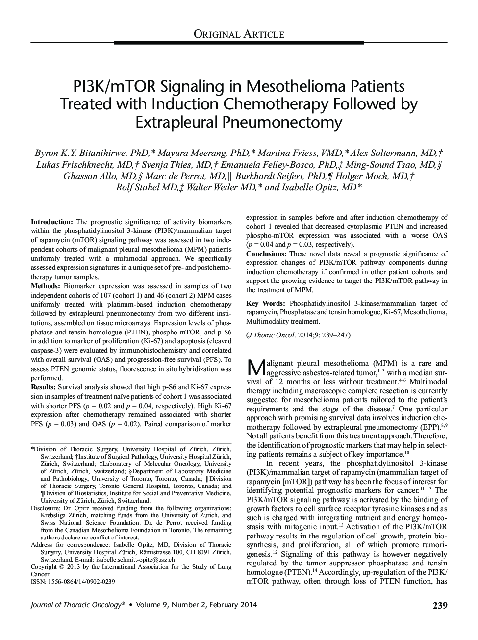 PI3K/mTOR Signaling in Mesothelioma Patients Treated with Induction Chemotherapy Followed by Extrapleural Pneumonectomy