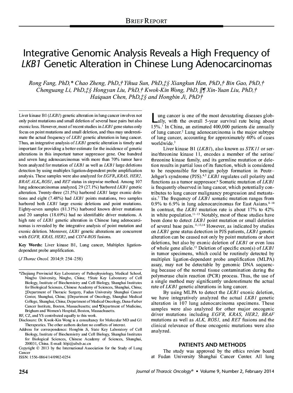 Integrative Genomic Analysis Reveals a High Frequency of LKB1 Genetic Alteration in Chinese Lung Adenocarcinomas