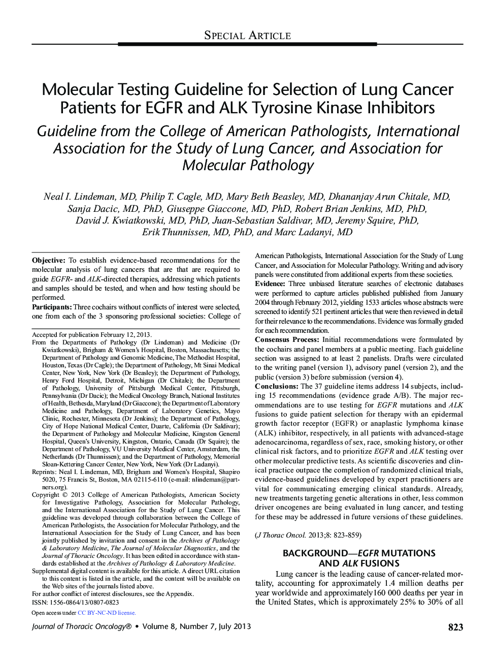 عکس صفحه اول مقاله: Molecular Testing Guideline for Selection of Lung Cancer Patients for EGFR and ALK Tyrosine Kinase Inhibitors: Guideline from the College of American Pathologists, International Association for the Study of Lung Cancer, and Association for Molecular Patho Molecular Testing Guideline for Selection of Lung Cancer Patients for EGFR and ALK Tyrosine Kinase Inhibitors: Guideline from the College of American Pathologists, International Association for the Study of Lung Cancer, and Association for Molecular Patho