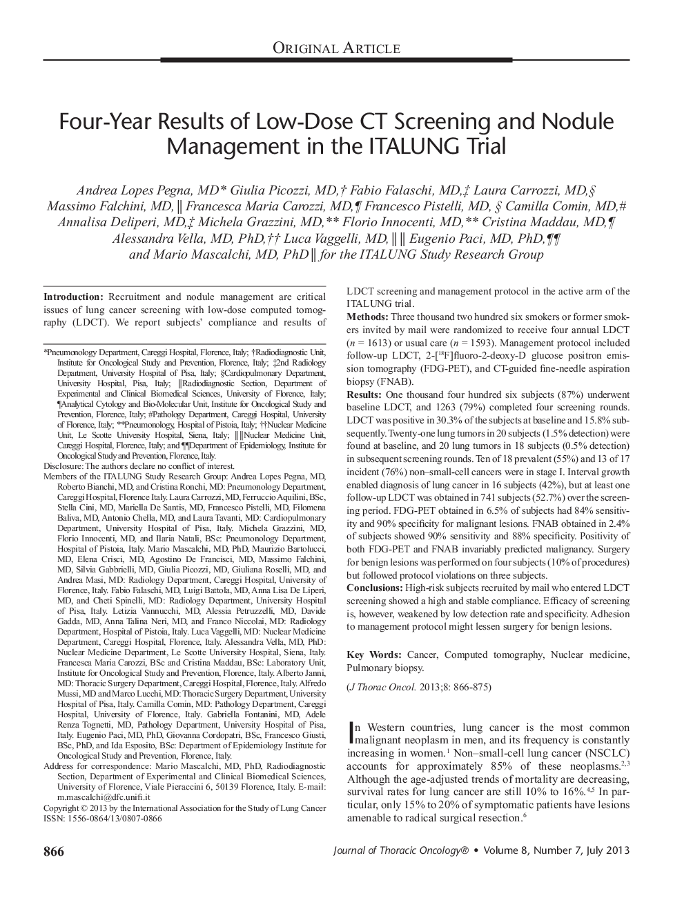 عکس صفحه اول مقاله: Four-Year Results of Low-Dose CT Screening and Nodule Management in the ITALUNG Trial Four-Year Results of Low-Dose CT Screening and Nodule Management in the ITALUNG Trial