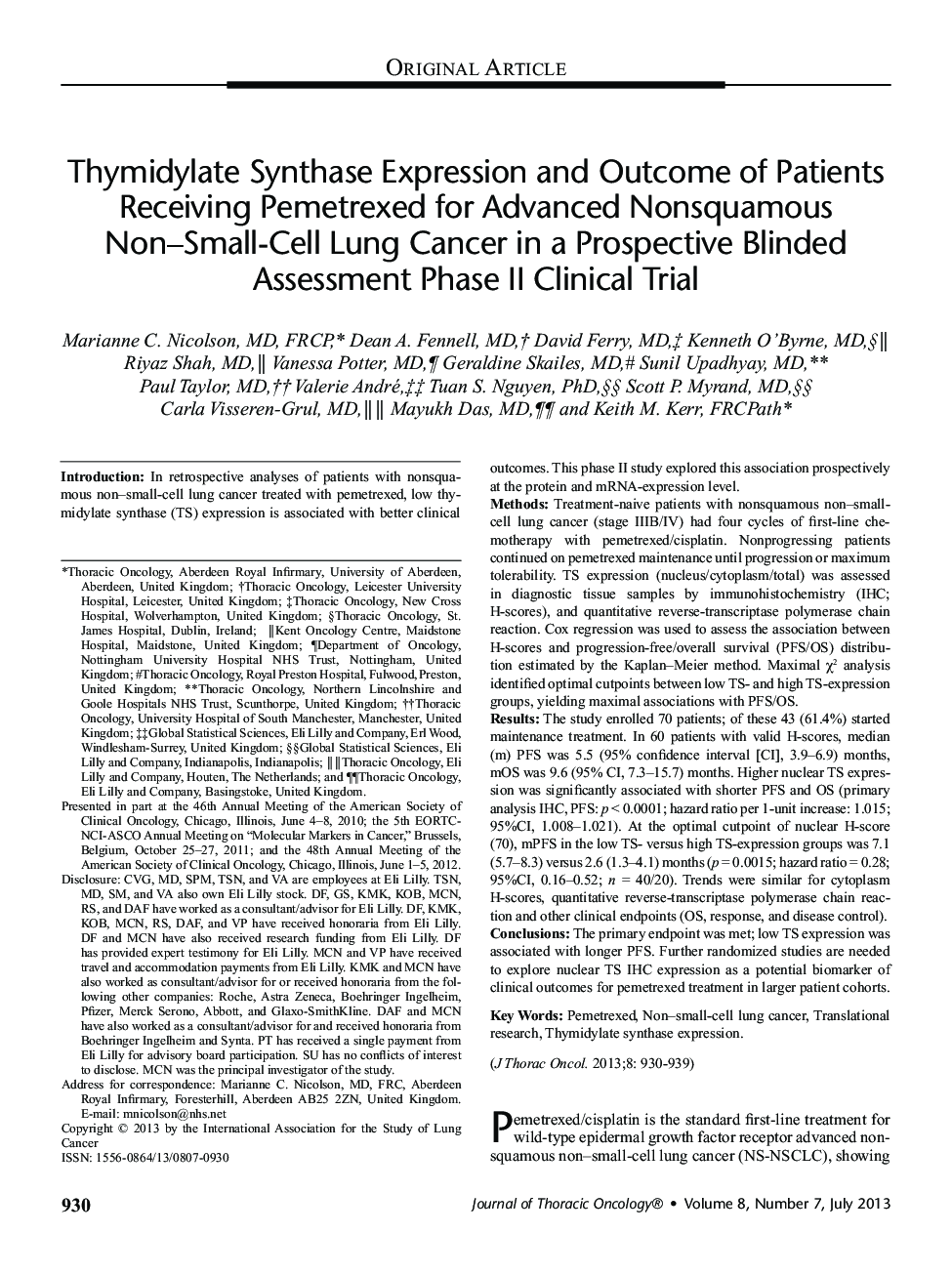 Thymidylate Synthase Expression and Outcome of Patients Receiving Pemetrexed for Advanced Nonsquamous Non-Small-Cell Lung Cancer in a Prospective Blinded Assessment Phase II Clinical Trial