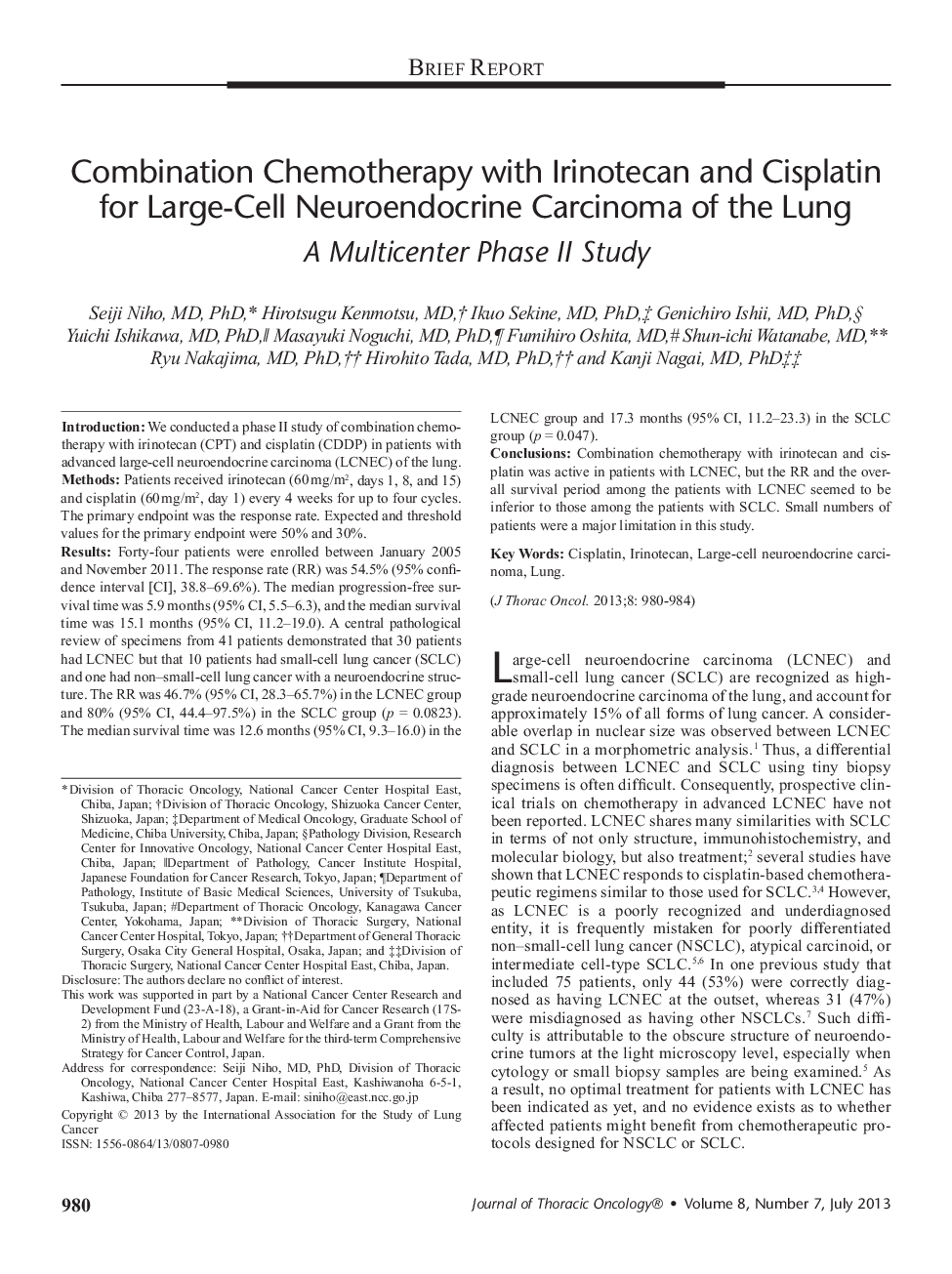 Combination Chemotherapy with Irinotecan and Cisplatin for Large-Cell Neuroendocrine Carcinoma of the Lung: A Multicenter Phase II Study