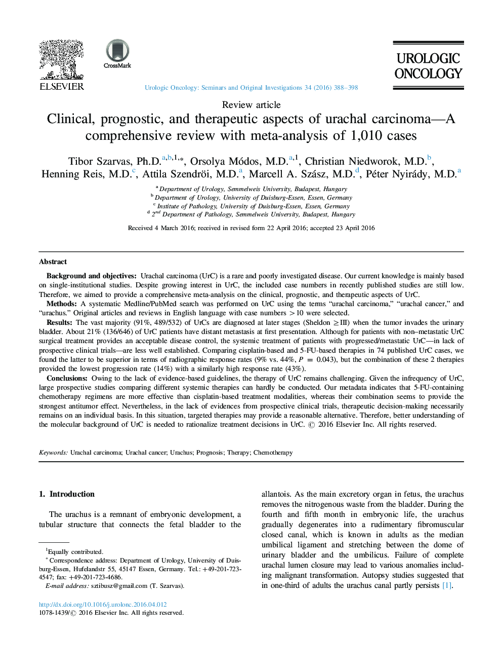 Clinical, prognostic, and therapeutic aspects of urachal carcinoma-A comprehensive review with meta-analysis of 1,010 cases