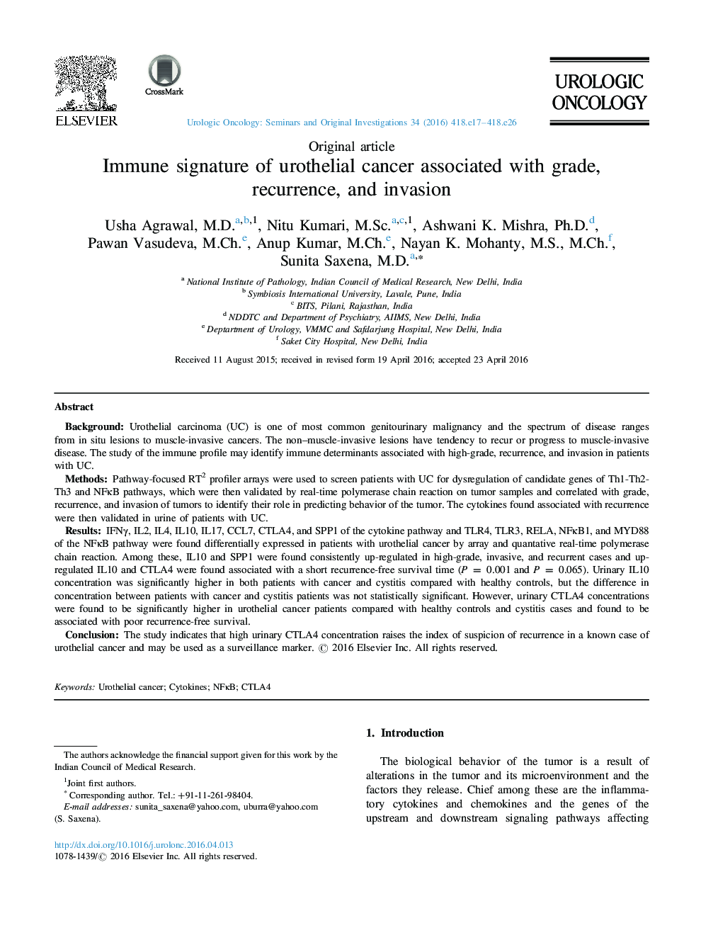 Immune signature of urothelial cancer associated with grade, recurrence, and invasion