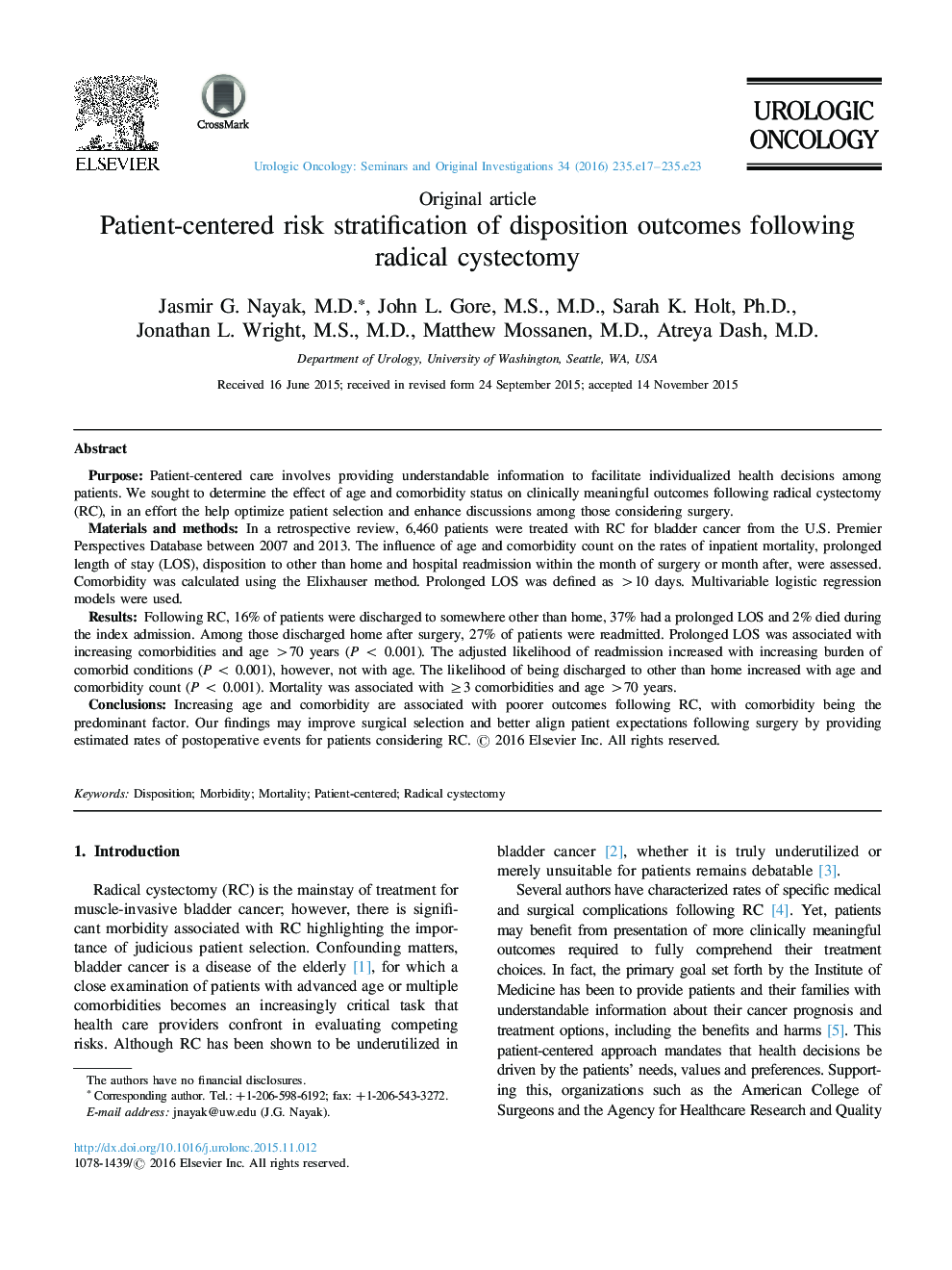 Patient-centered risk stratification of disposition outcomes following radical cystectomy