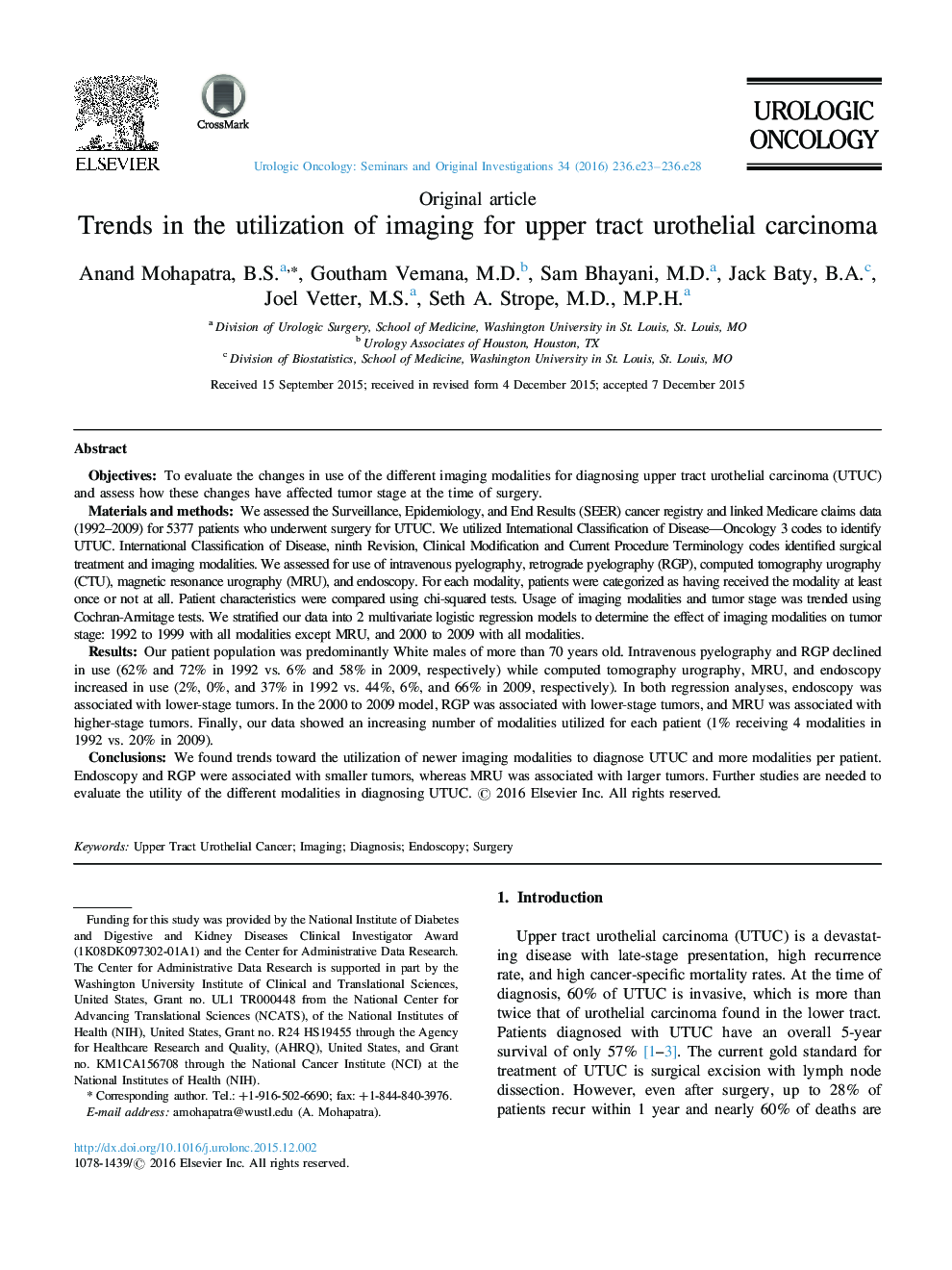 Trends in the utilization of imaging for upper tract urothelial carcinoma