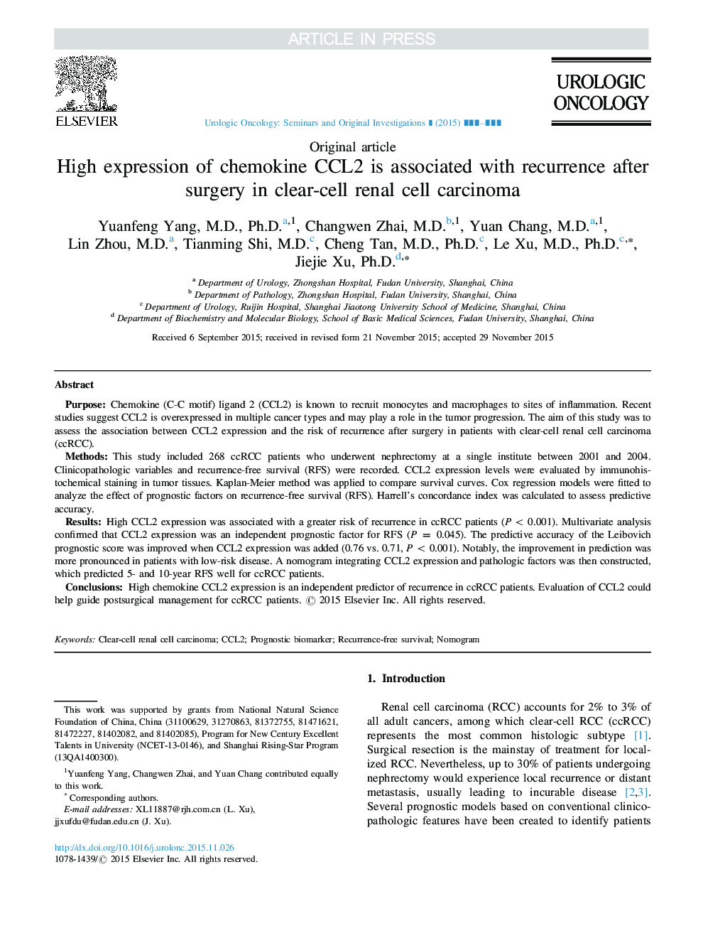 High expression of chemokine CCL2 is associated with recurrence after surgery in clear-cell renal cell carcinoma