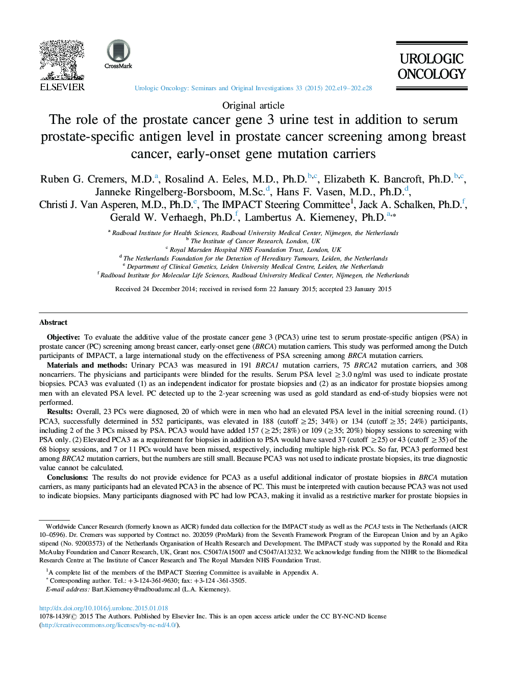 The role of the prostate cancer gene 3 urine test in addition to serum prostate-specific antigen level in prostate cancer screening among breast cancer, early-onset gene mutation carriers