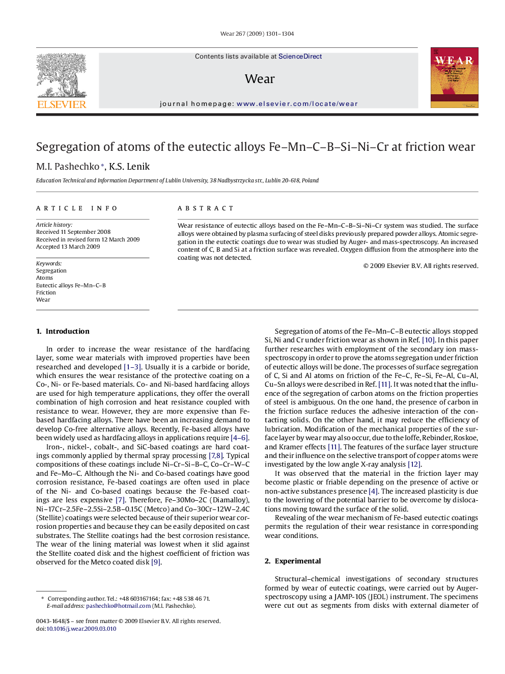 Segregation of atoms of the eutectic alloys Fe–Mn–C–B–Si–Ni–Cr at friction wear