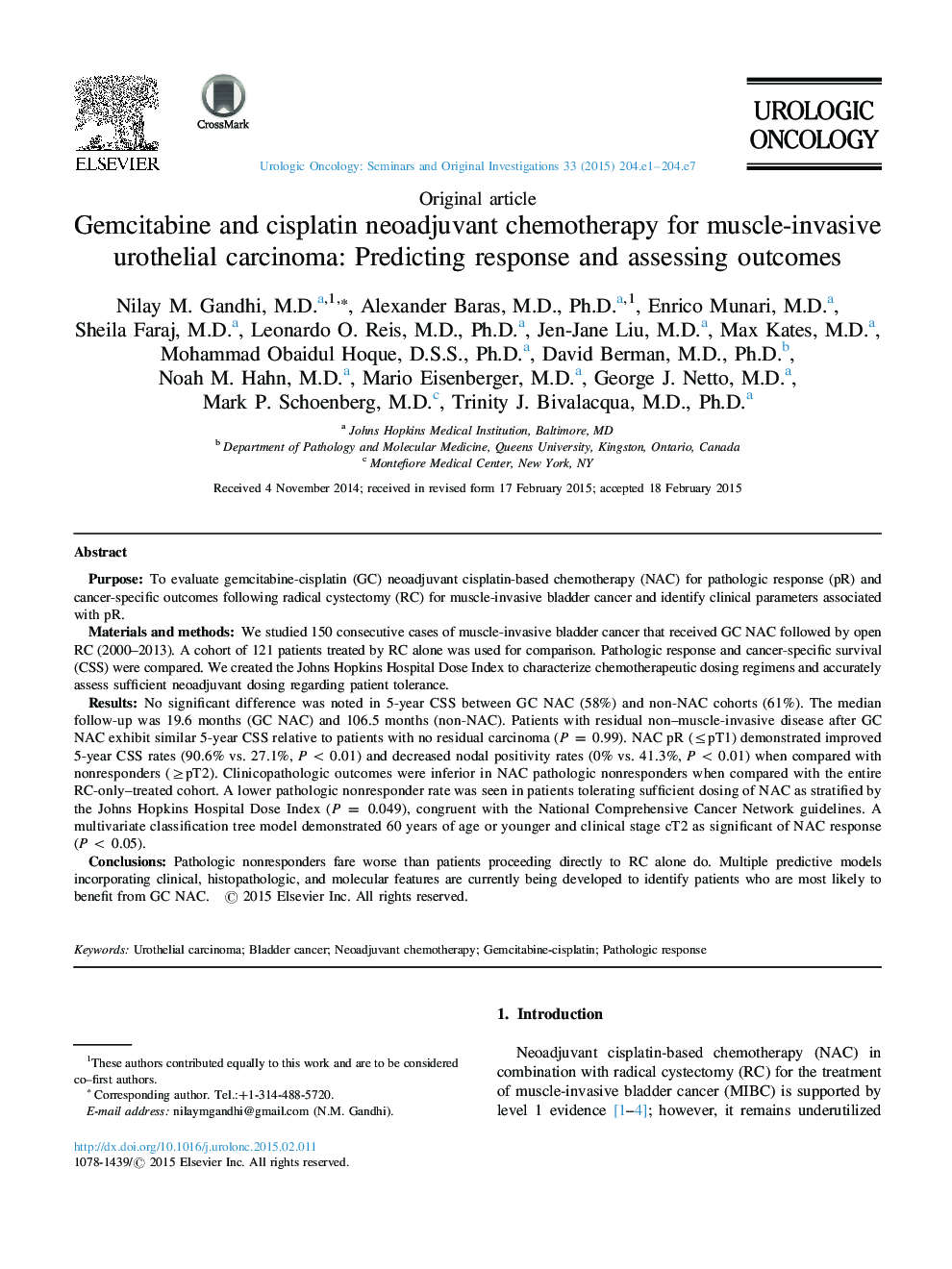 Gemcitabine and cisplatin neoadjuvant chemotherapy for muscle-invasive urothelial carcinoma: Predicting response and assessing outcomes