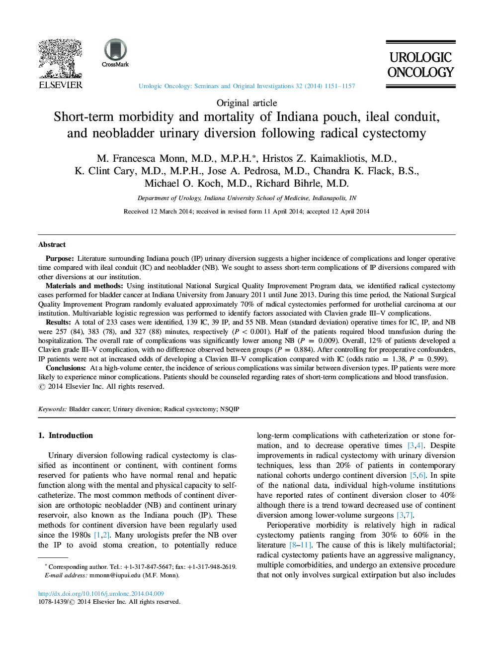 Short-term morbidity and mortality of Indiana pouch, ileal conduit, and neobladder urinary diversion following radical cystectomy