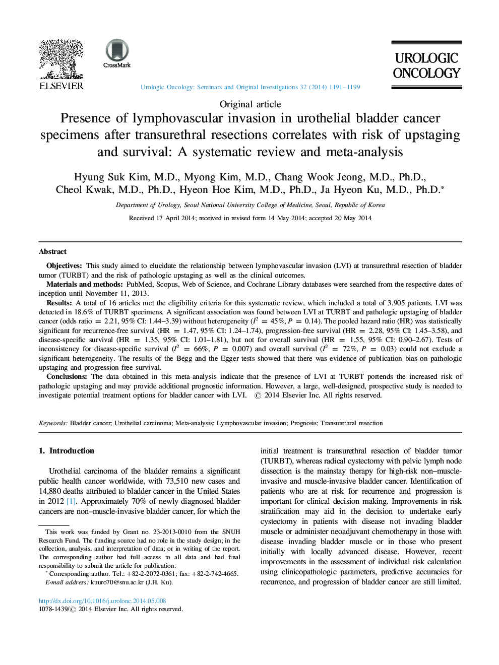 Presence of lymphovascular invasion in urothelial bladder cancer specimens after transurethral resections correlates with risk of upstaging and survival: A systematic review and meta-analysis