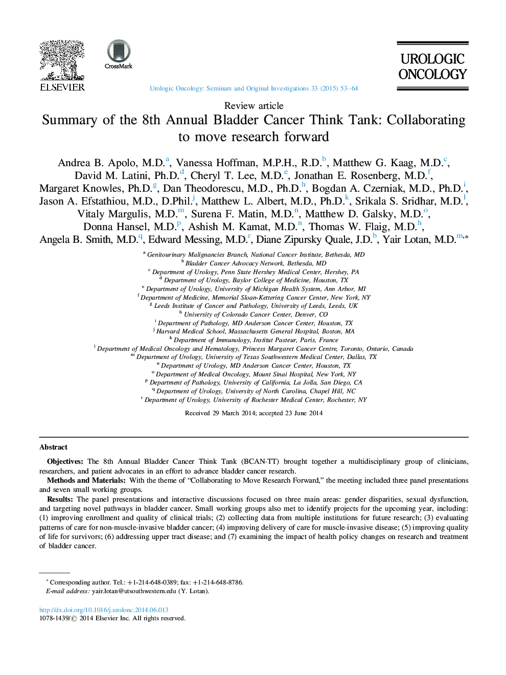 Summary of the 8th Annual Bladder Cancer Think Tank: Collaborating to move research forward