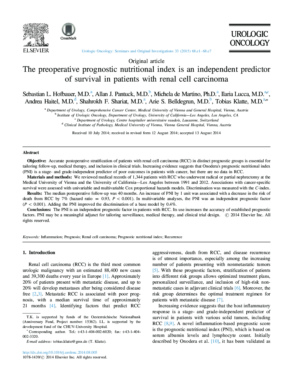 The preoperative prognostic nutritional index is an independent predictor of survival in patients with renal cell carcinoma